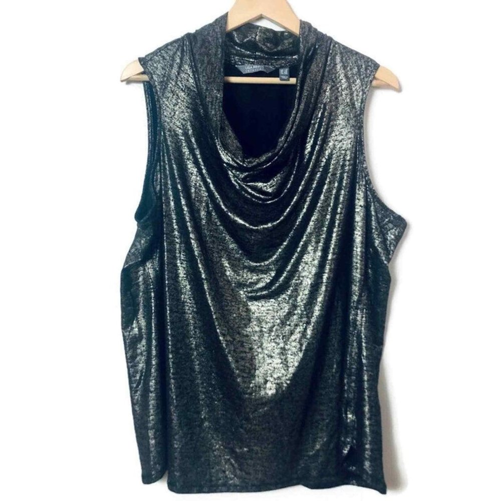 Lisa Rinna Collection Metallic Gunmetal Cowl Neck Sleeveless Top Size 1X